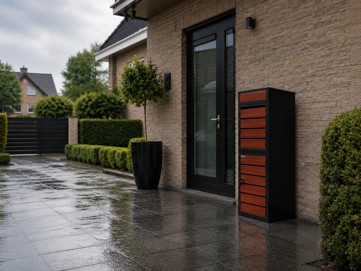 BunnyBox parcel letterbox next to the front door of a house in the rain