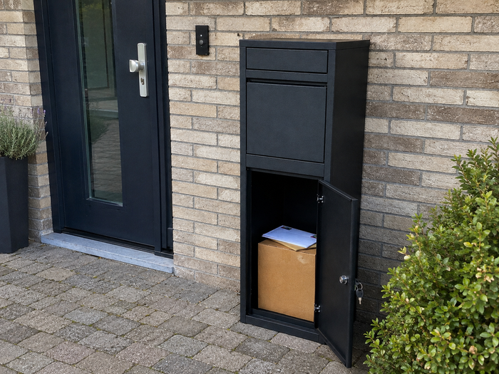 Black wall-mounted BunnyBox next to a dark front door, flap open with a parcel inside