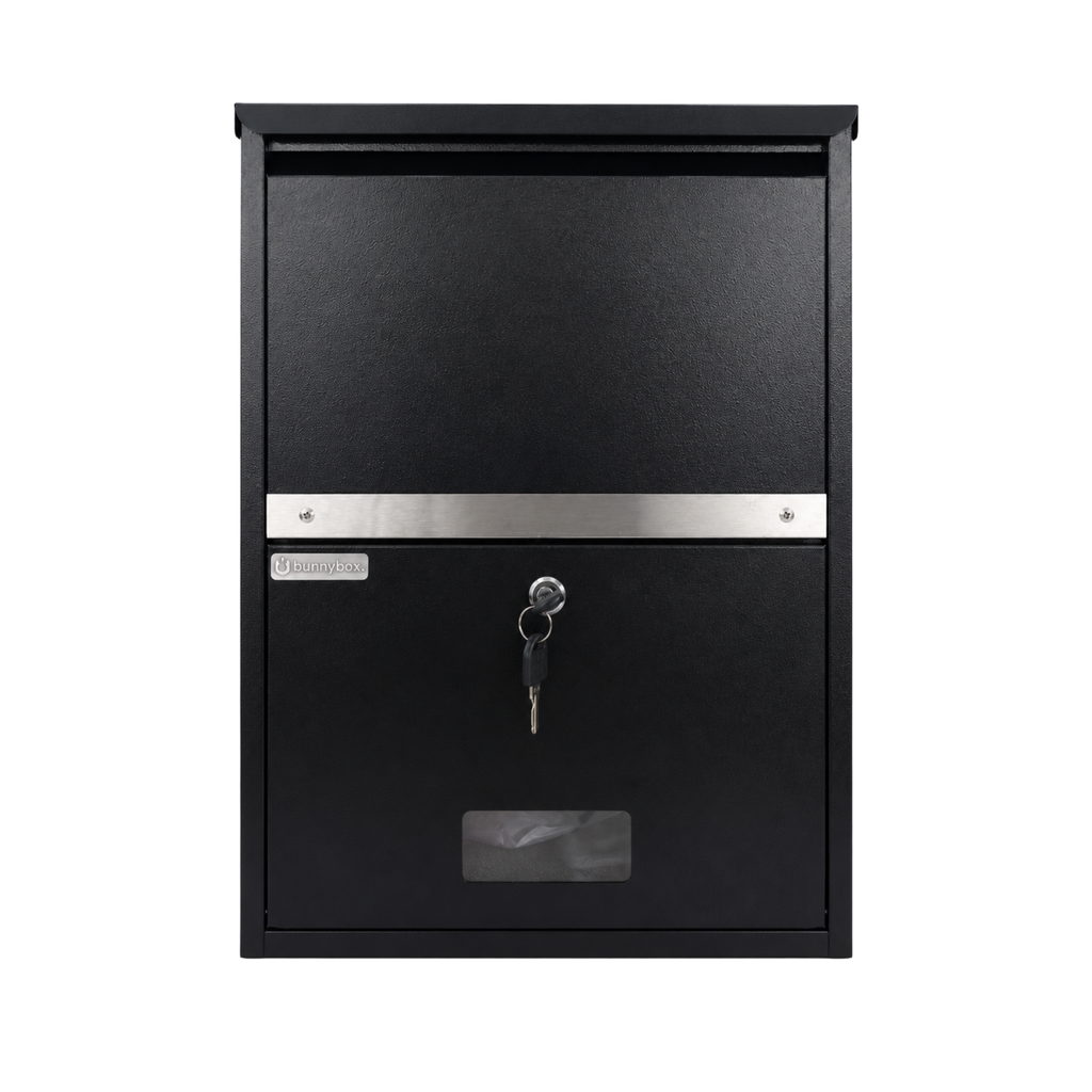 BunnyBox Compact wall model in black, straight front view with letter slot