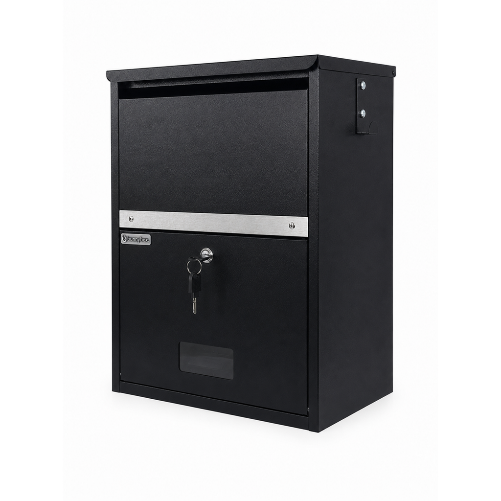 BunnyBox Compact wall model in black, angled front view with the flap closed
