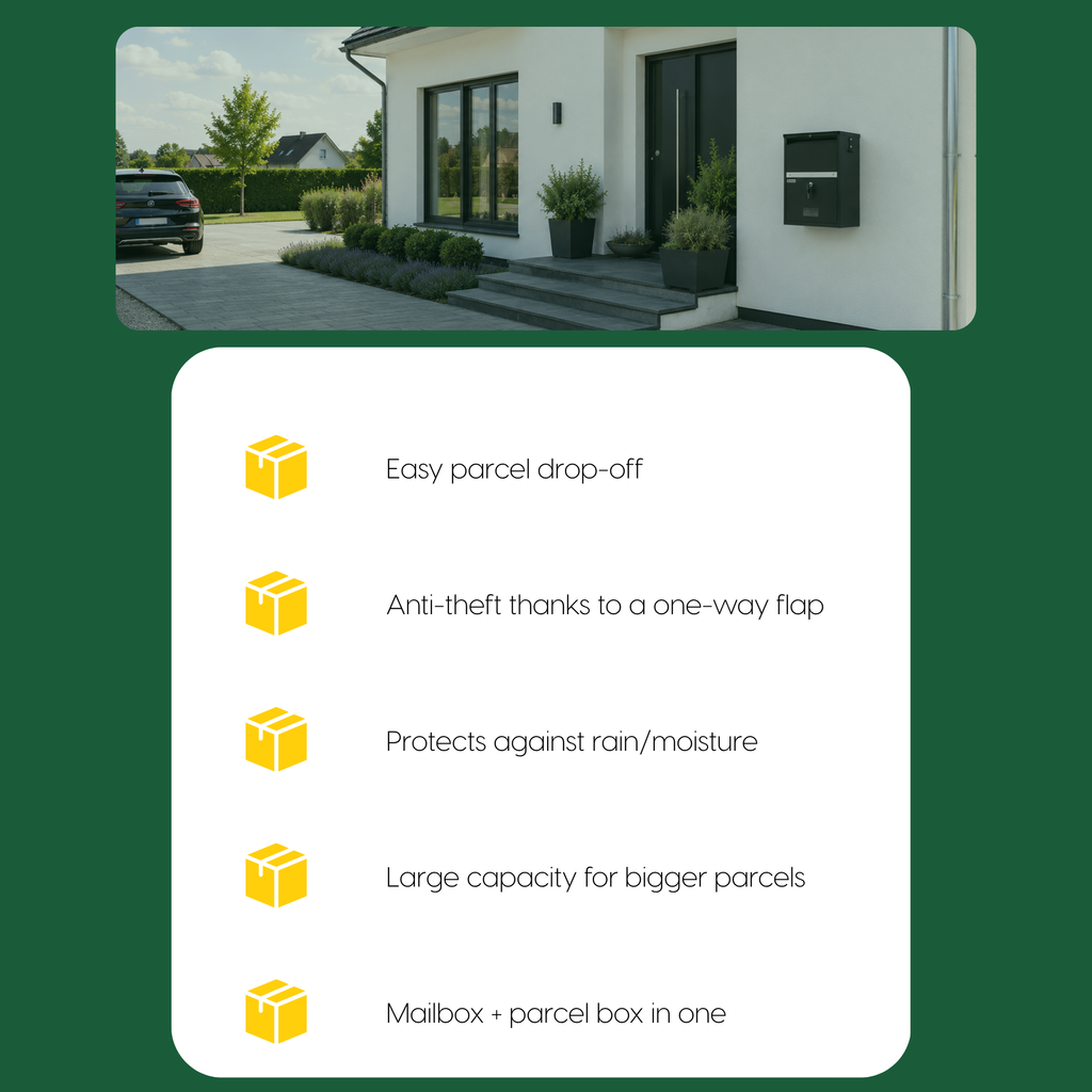 Five features of the BunnyBox Compact next to a photo of the box on a facade