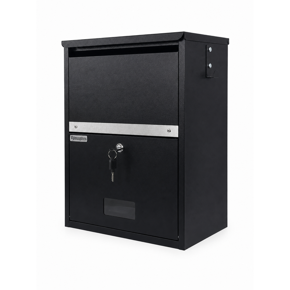 BunnyBox Compact de pared negro, vista frontal en ángulo con la tapa cerrada