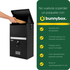 Una mano abre la tapa del BunnyBox Compact en la pared, con cinco ventajas