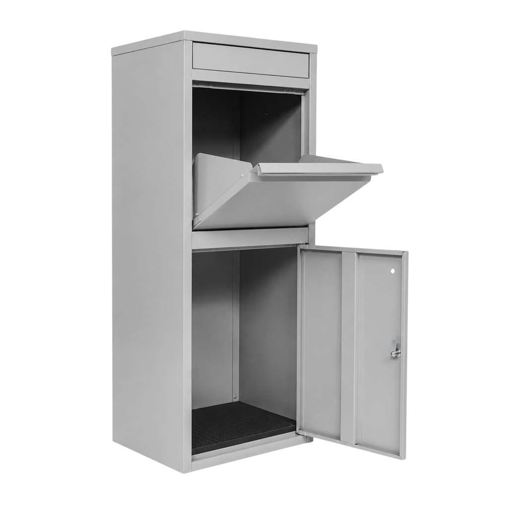 Grey BunnyBox Home with open flap and open retrieval door, compartment empty