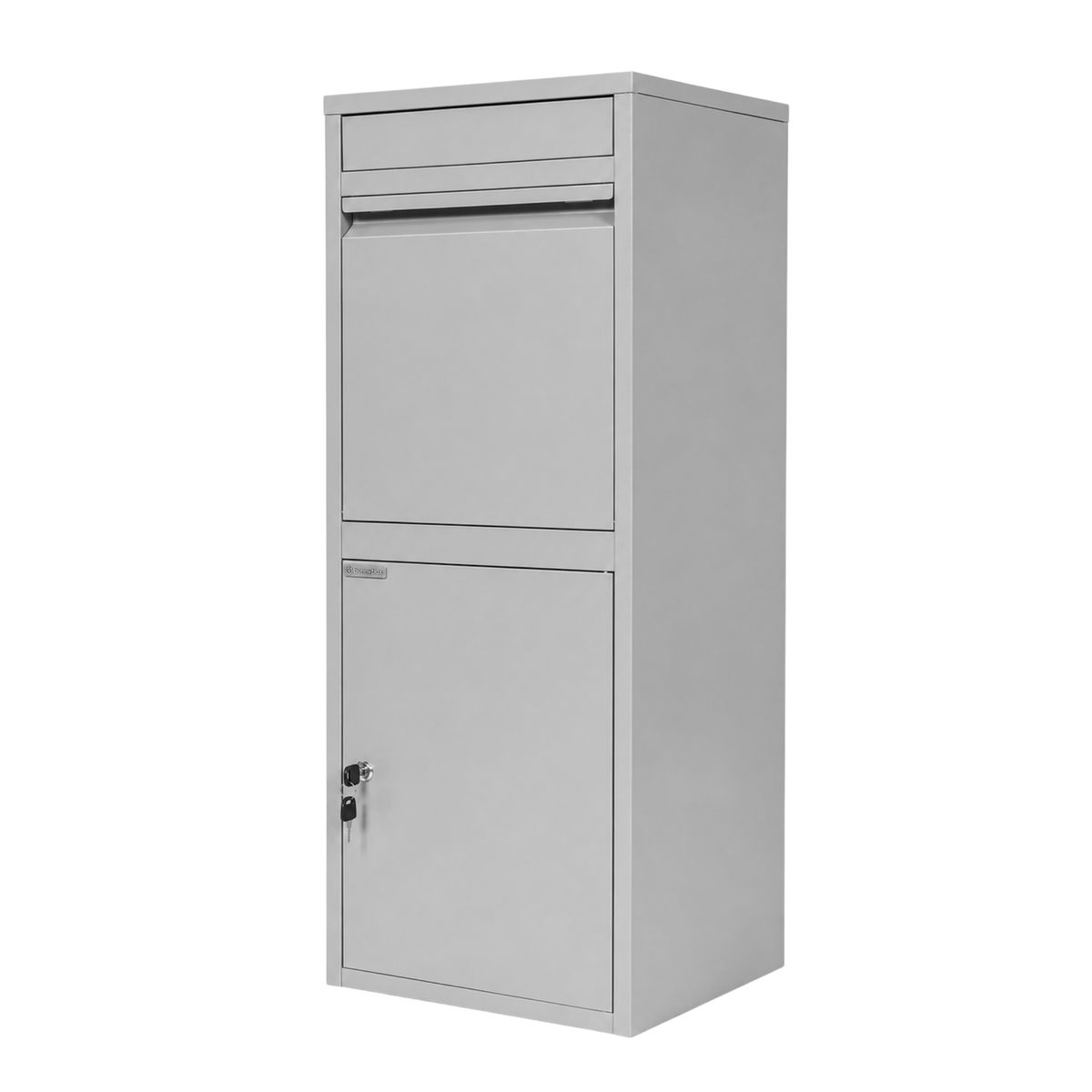 Buzón para paquetes BunnyBox Home gris, vista frontal en ángulo con la tapa cerrada