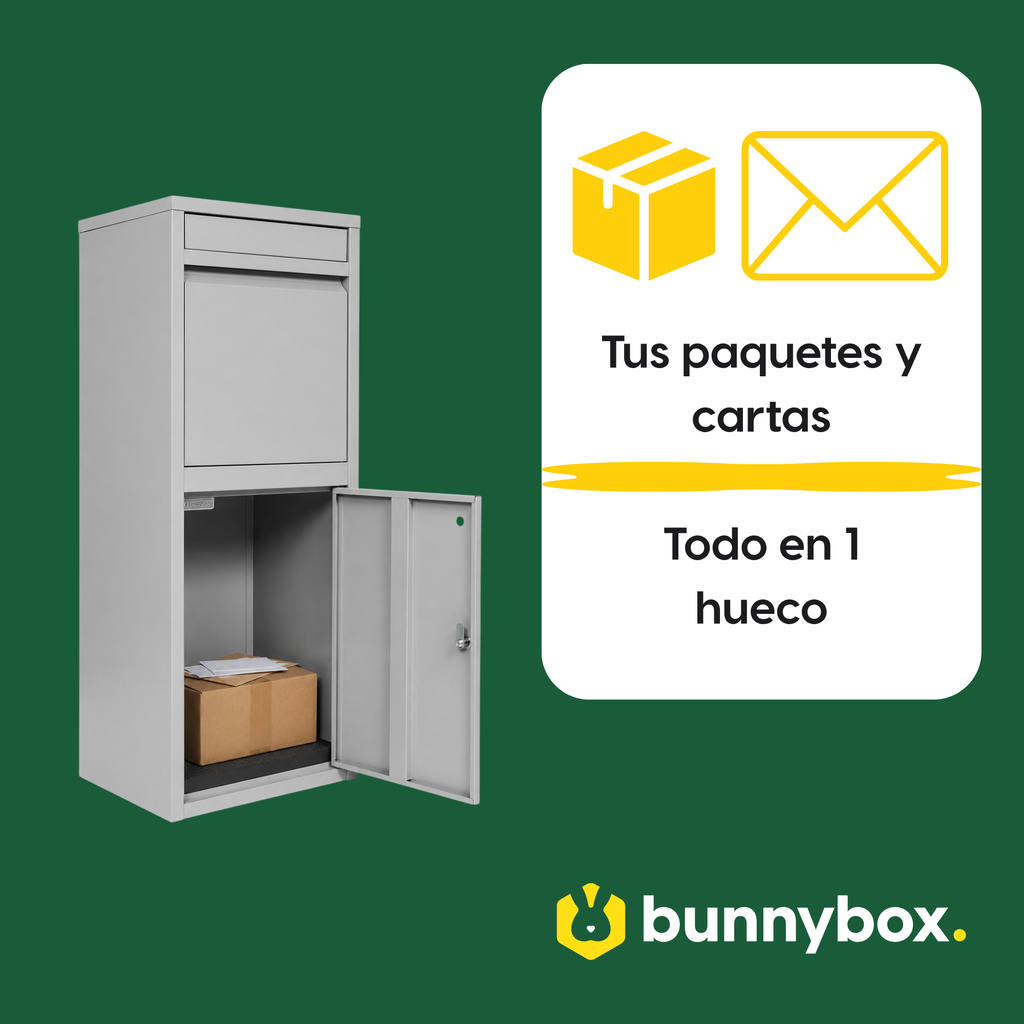 Paquetes y cartas ordenados en un solo compartimento del BunnyBox Home gris