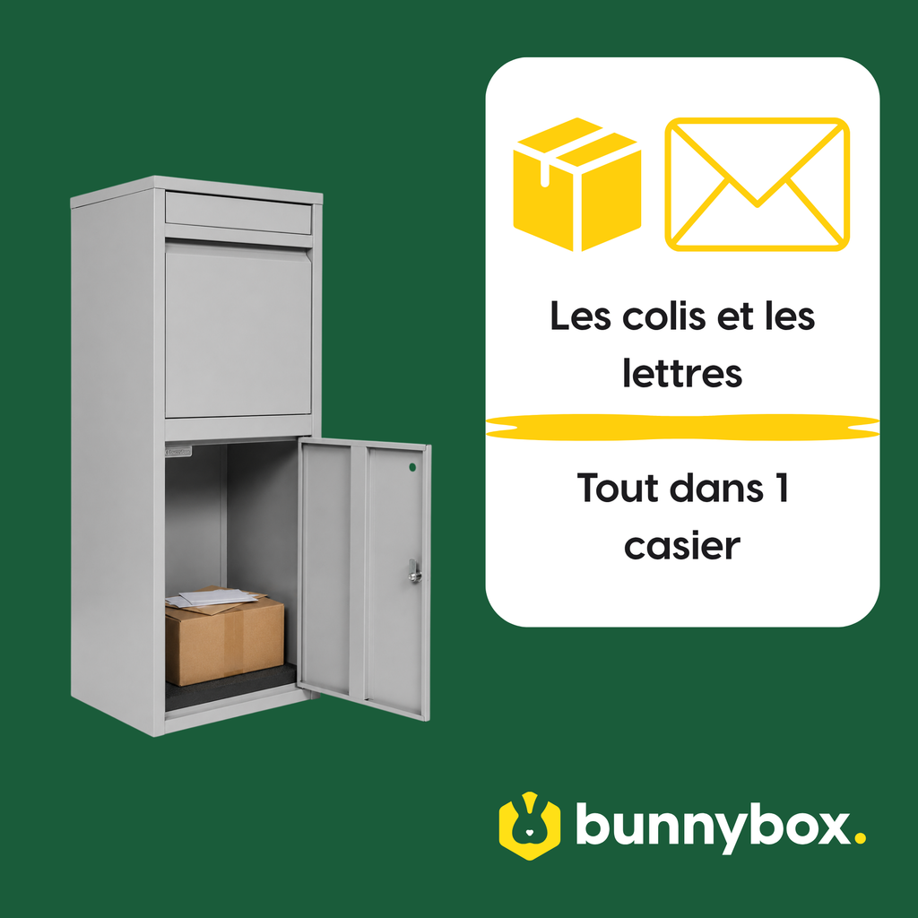 Colis et lettres bien rangés dans un seul compartiment de la BunnyBox Home grise