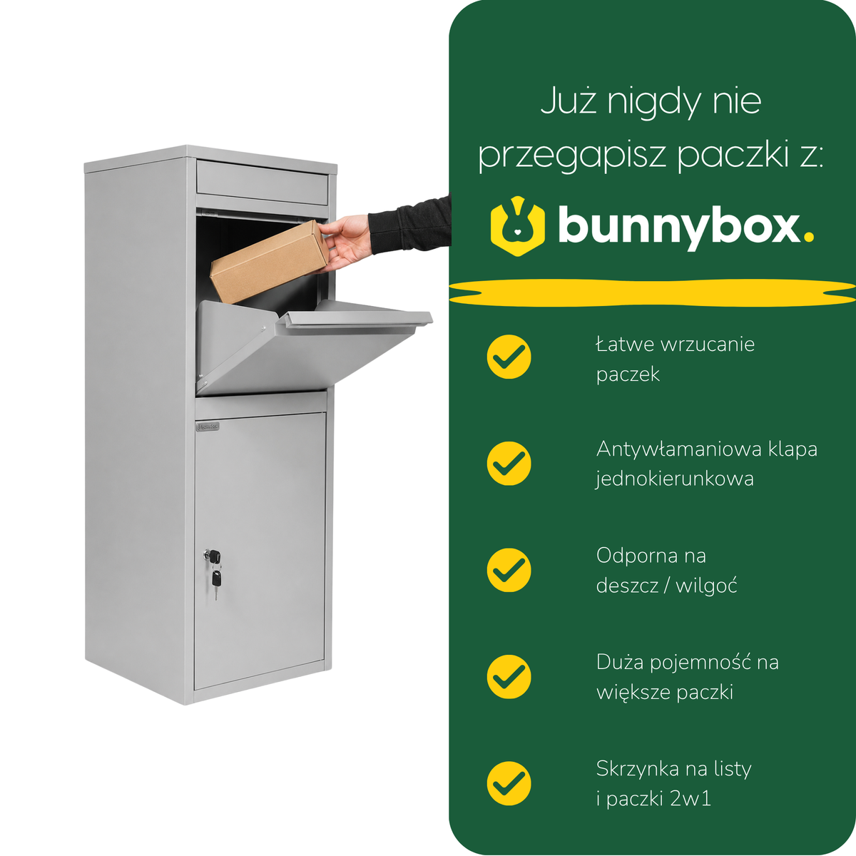 Dłoń wkłada paczkę do szarej BunnyBox Home, pięć zalet