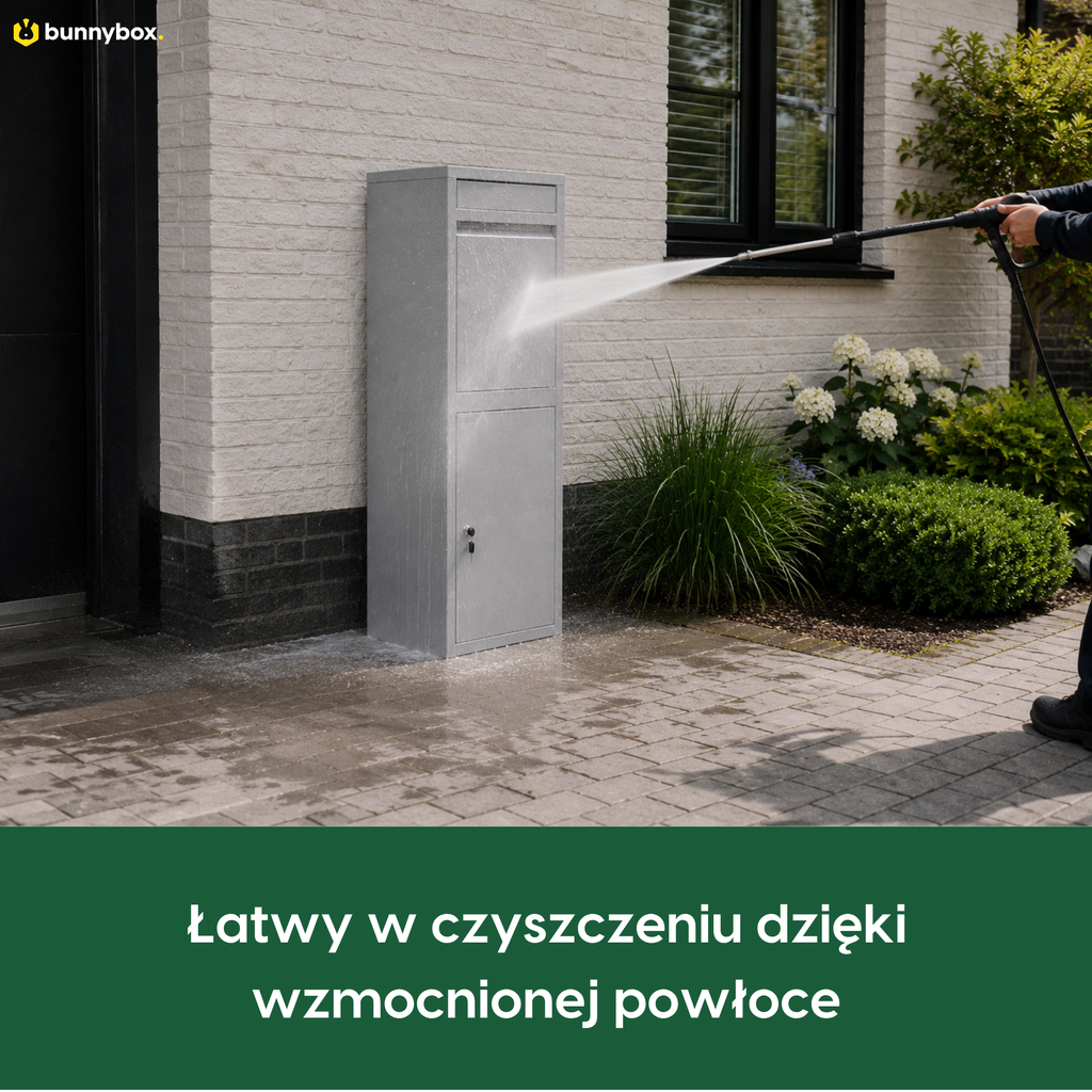 Szarą BunnyBox Home myje się wężem dzięki wyjątkowo mocnej powłoce