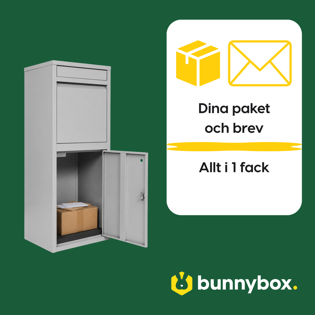Paket och brev samlade i ett fack i grå BunnyBox Home