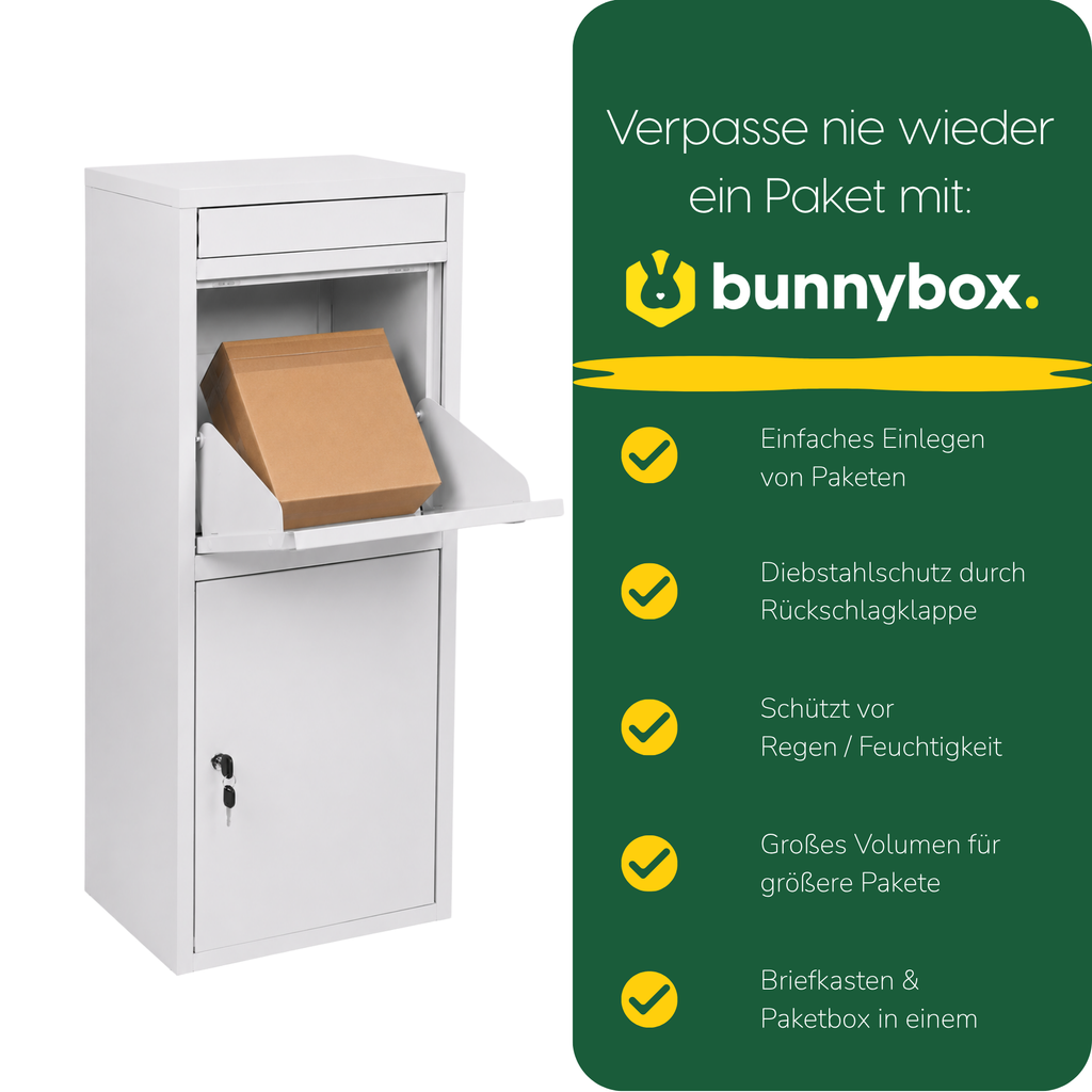 Hand legt ein Paket in die weiße BunnyBox Home, mit fünf Vorteilen