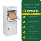 Hand legt ein Paket in die weiße BunnyBox Home, mit fünf Vorteilen