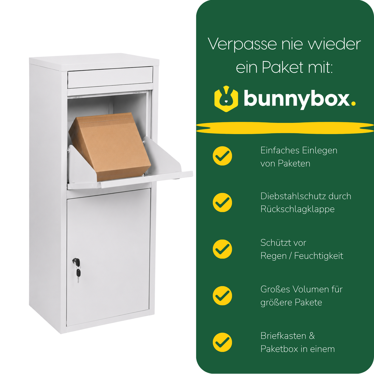 Hand legt ein Paket in die weiße BunnyBox Home, mit fünf Vorteilen