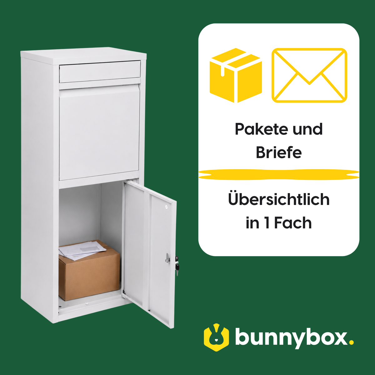 Pakete und Briefe übersichtlich in einem Fach der weißen BunnyBox Home