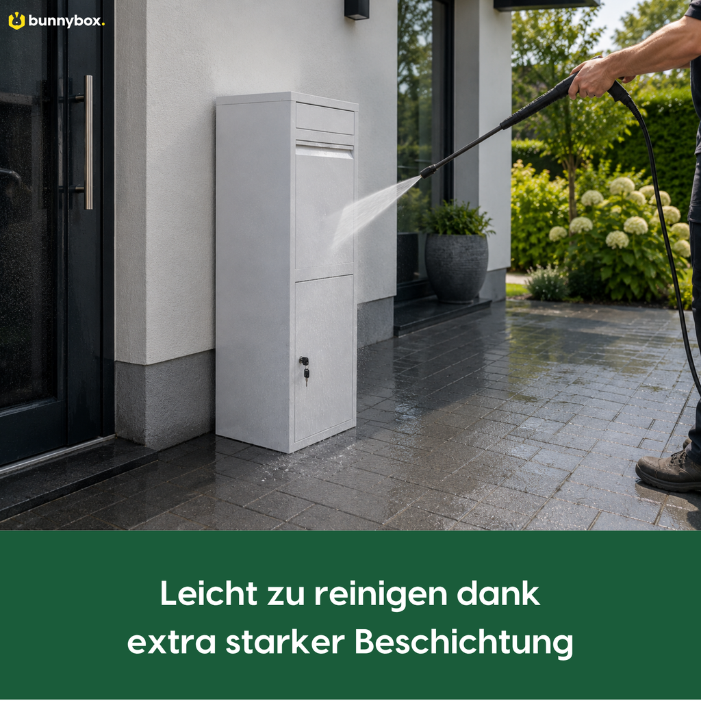Die weiße BunnyBox Home wird abgespritzt dank der extra starken Beschichtung