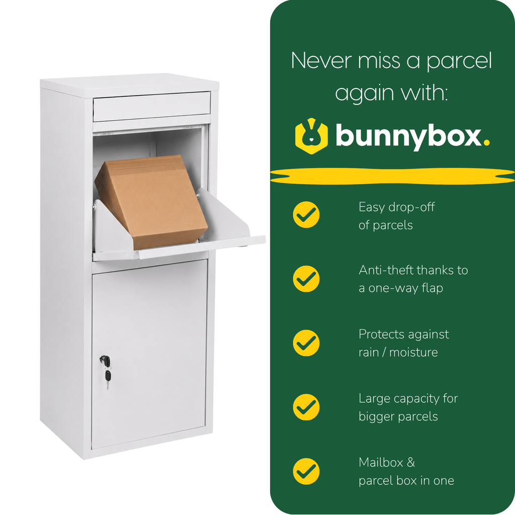 Hand placing a parcel in the white BunnyBox Home, with five benefits