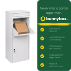 Hand placing a parcel in the white BunnyBox Home, with five benefits