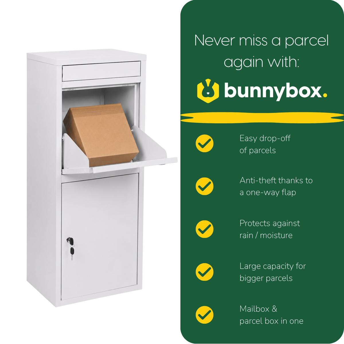 Hand placing a parcel in the white BunnyBox Home, with five benefits