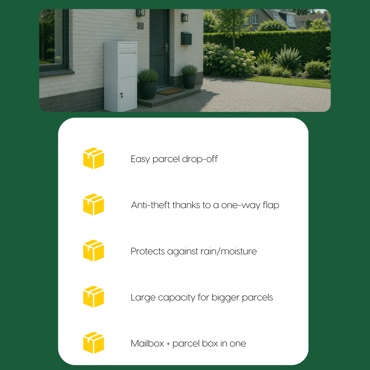 Five features of the BunnyBox Home next to a photo of the box in the front garden