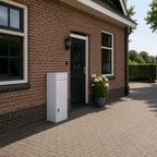 White BunnyBox Home next to the front door of a brick house