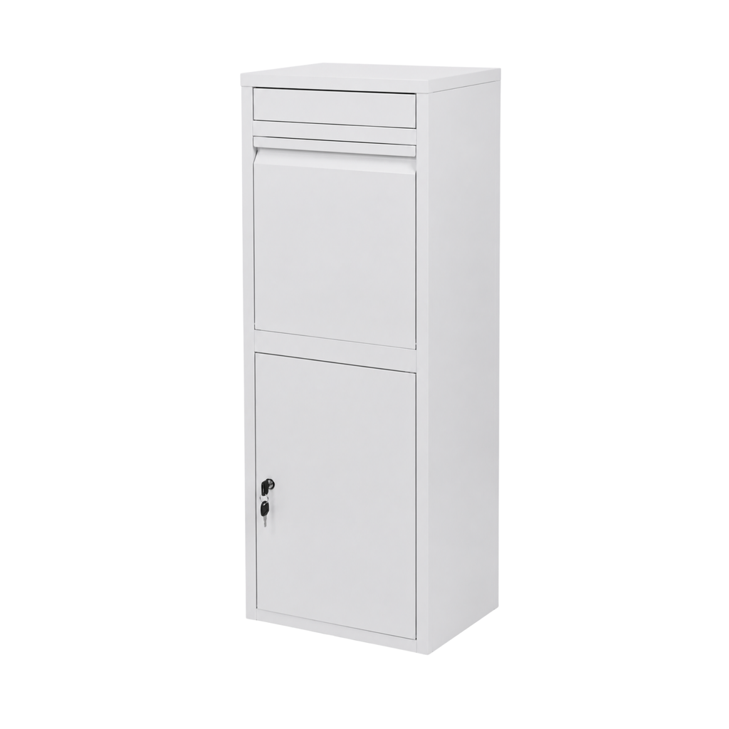 Buzón para paquetes BunnyBox Home blanco, vista frontal en ángulo con la tapa cerrada