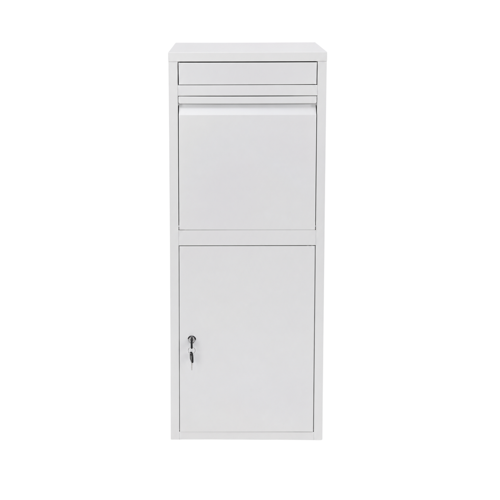 BunnyBox Home blanco, vista frontal con ranura para cartas y puerta con cerradura