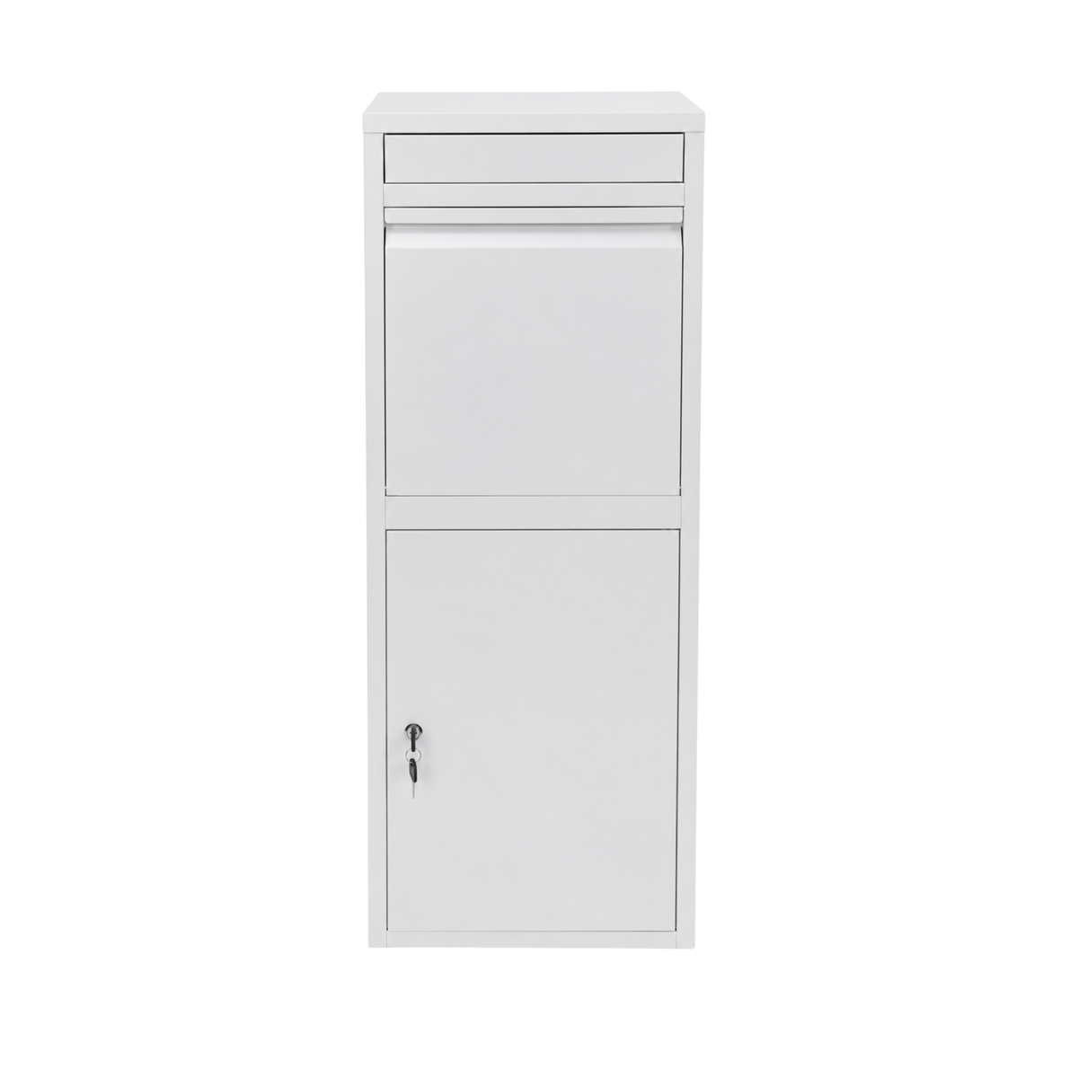 BunnyBox Home blanco, vista frontal con ranura para cartas y puerta con cerradura
