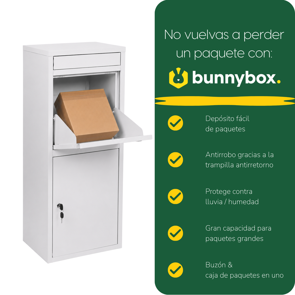 Una mano deja un paquete en el BunnyBox Home blanco, con cinco ventajas