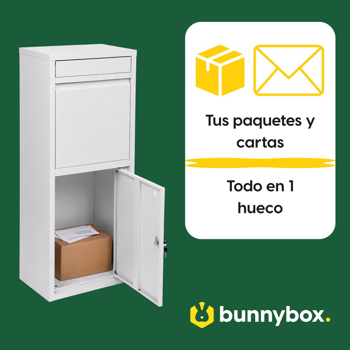 Paquetes y cartas ordenados en un solo compartimento del BunnyBox Home blanco