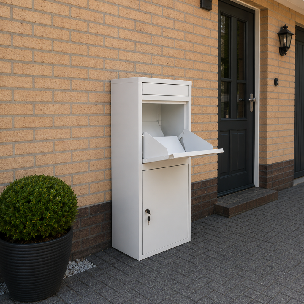 BunnyBox Home blanco con la tapa abierta junto a una fachada de ladrillo