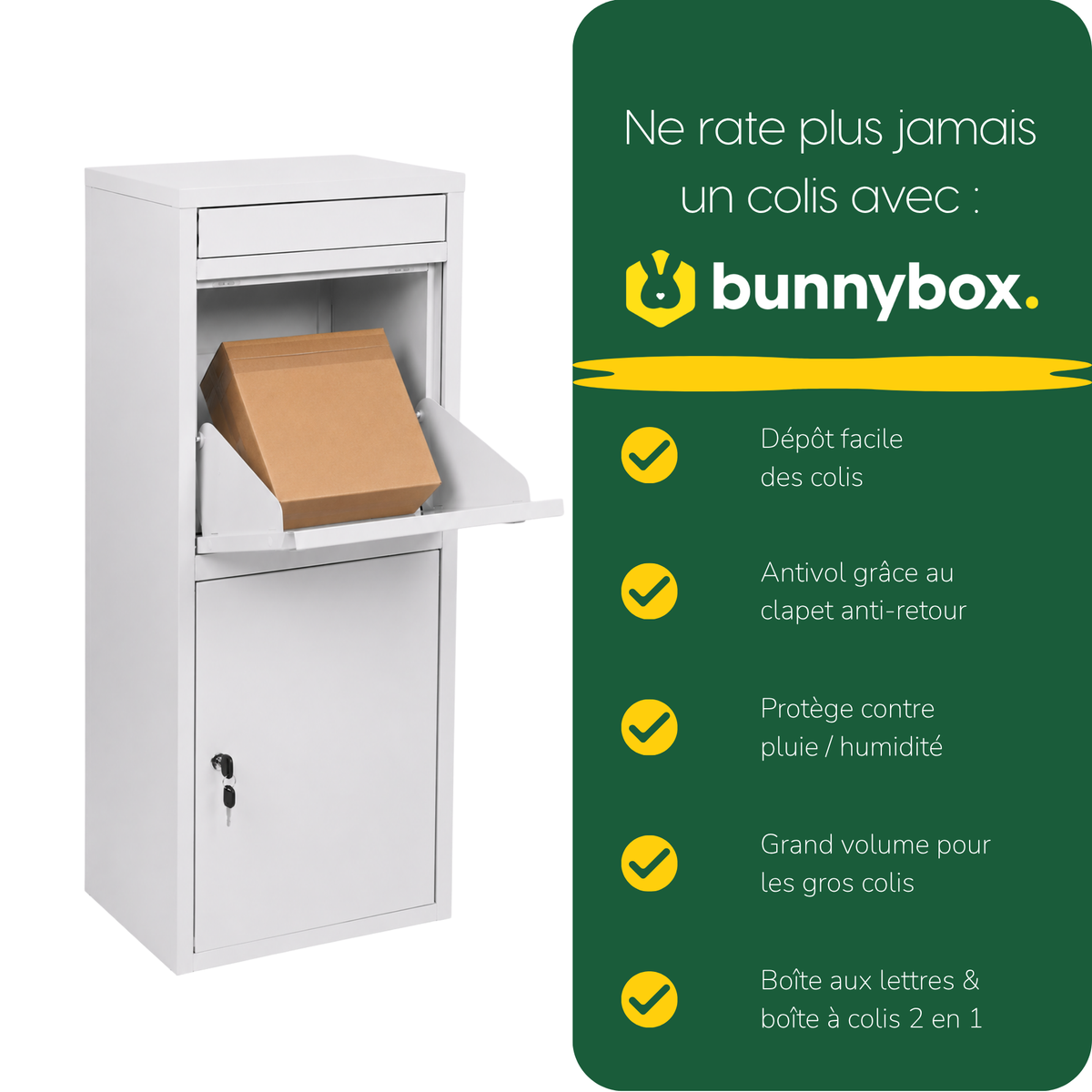 Une main dépose un colis dans la BunnyBox Home blanche, avec cinq avantages