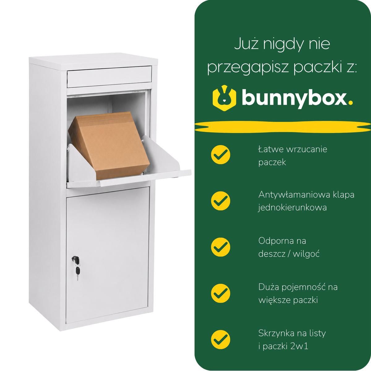 Dłoń wkłada paczkę do białej BunnyBox Home, pięć zalet