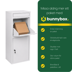 En hand lägger ett paket i vita BunnyBox Home, med fem fördelar