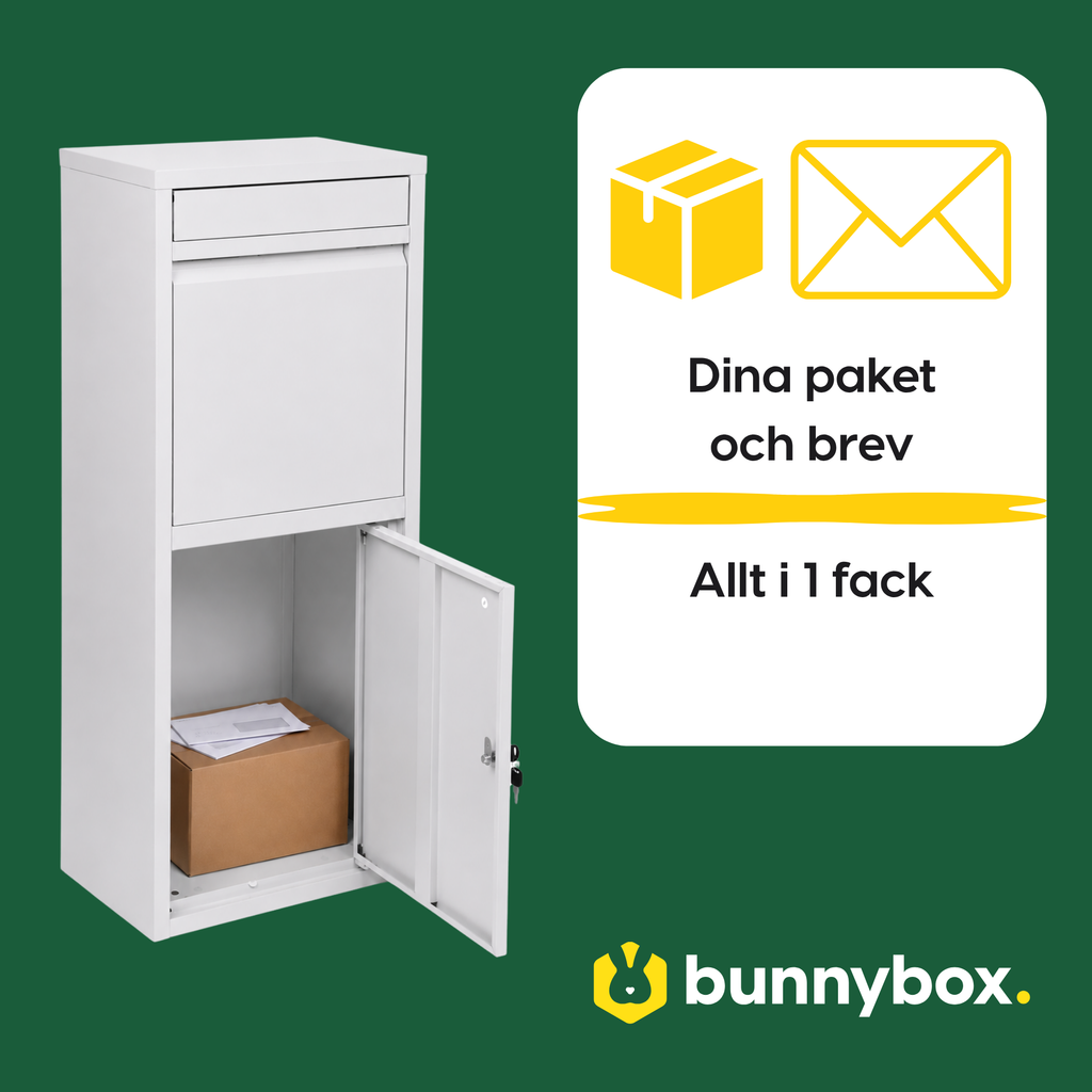 Paket och brev samlade i ett fack i vita BunnyBox Home