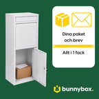 Paket och brev samlade i ett fack i vita BunnyBox Home