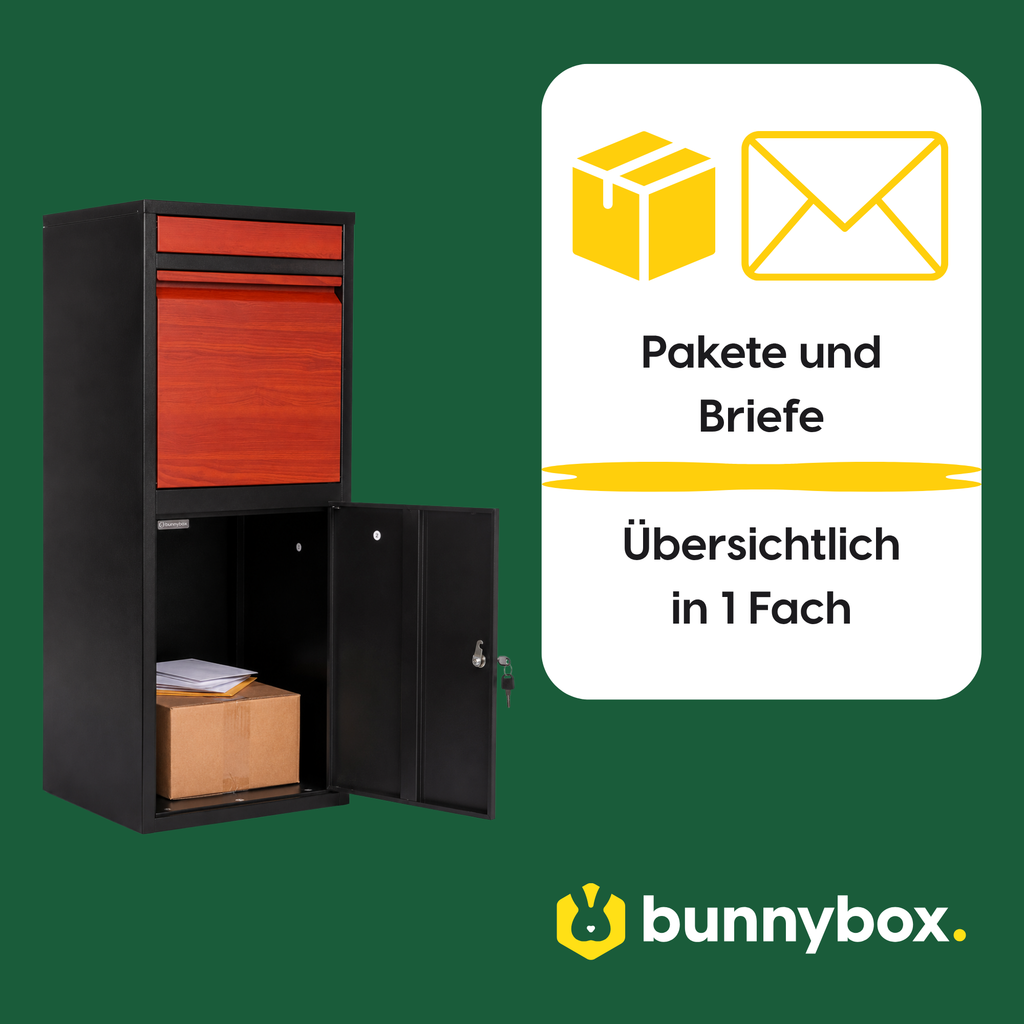 Pakete und Briefe übersichtlich in einem Fach der BunnyBox Home mit Teak-Klappe