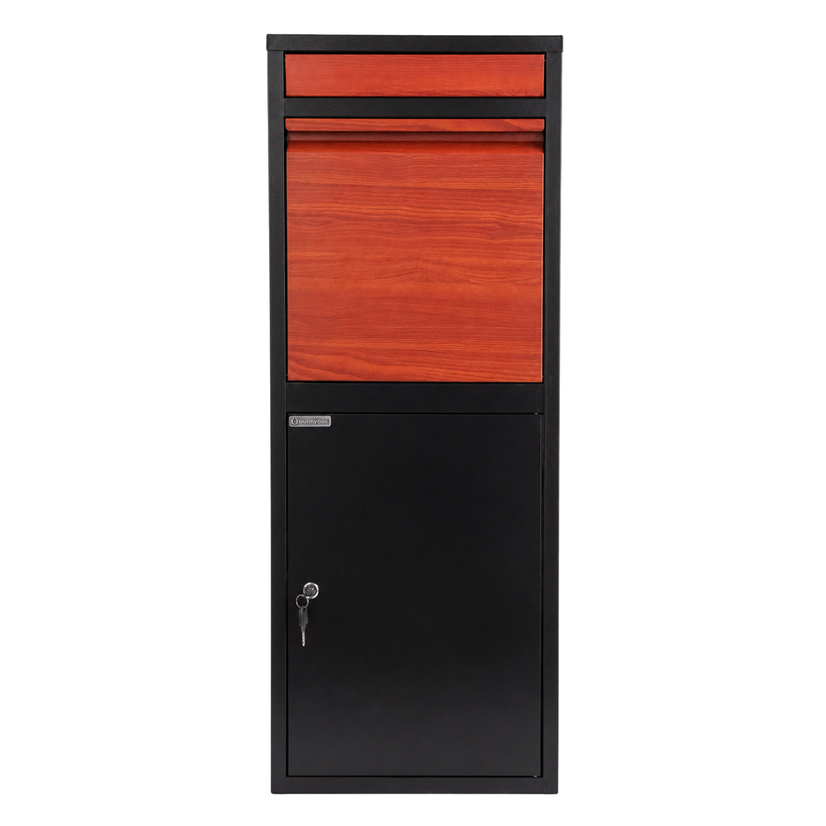 BunnyBox Home in black with a dark teak flap, straight front view
