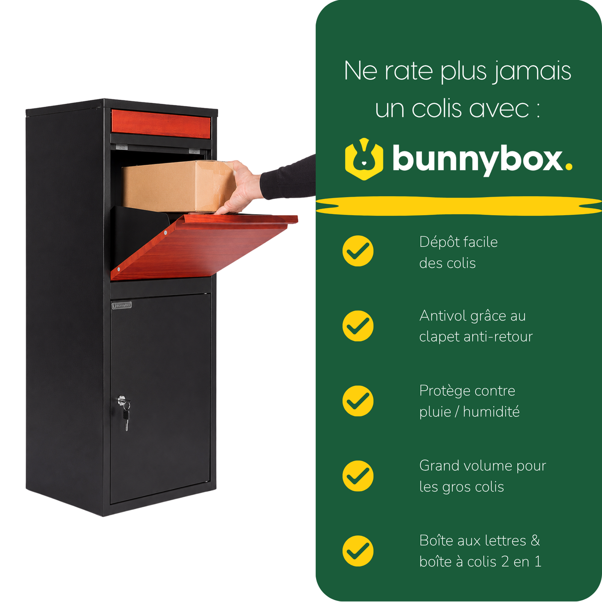 Une main dépose un colis dans la BunnyBox Home noire et teck, cinq avantages