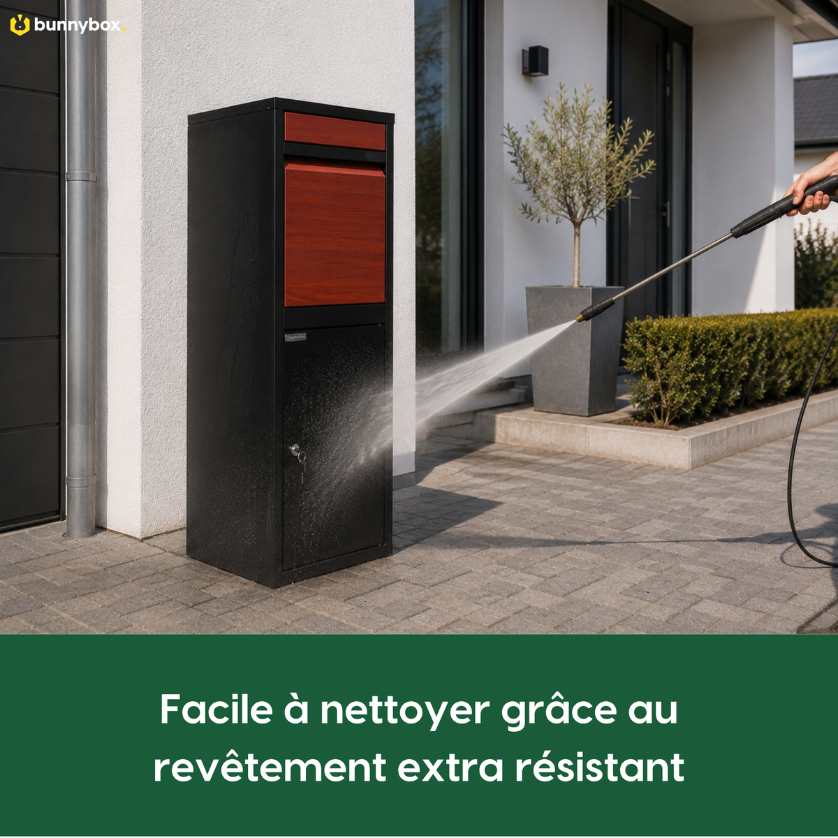 La BunnyBox Home à trappe en teck se nettoie au jet grâce au revêtement
