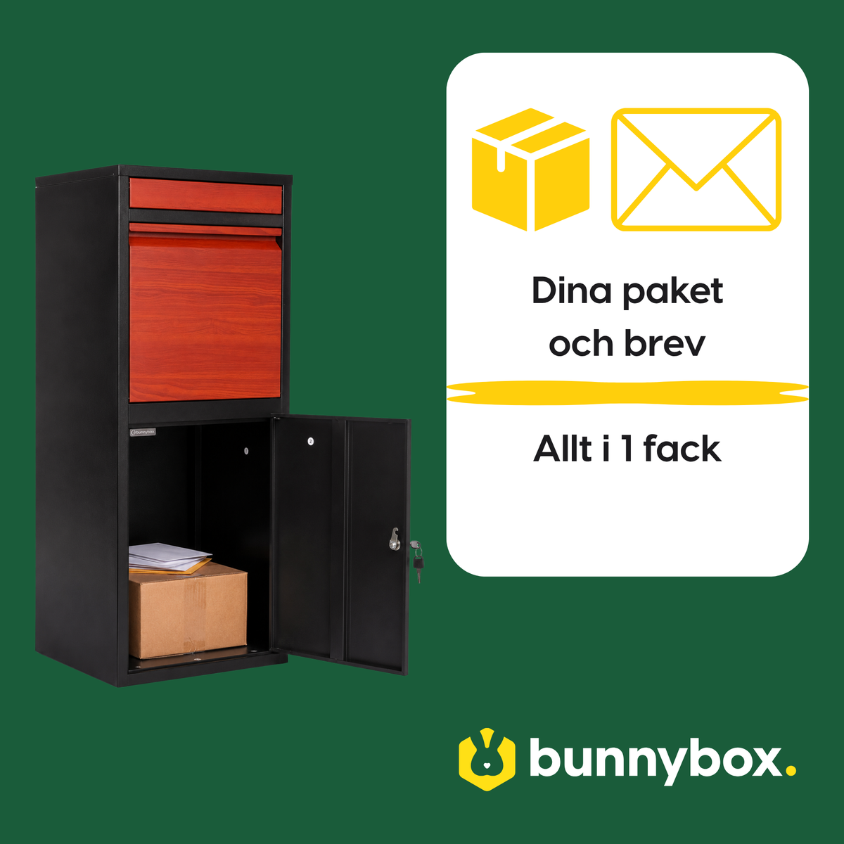 Paket och brev samlade i ett fack i BunnyBox Home med teaklucka