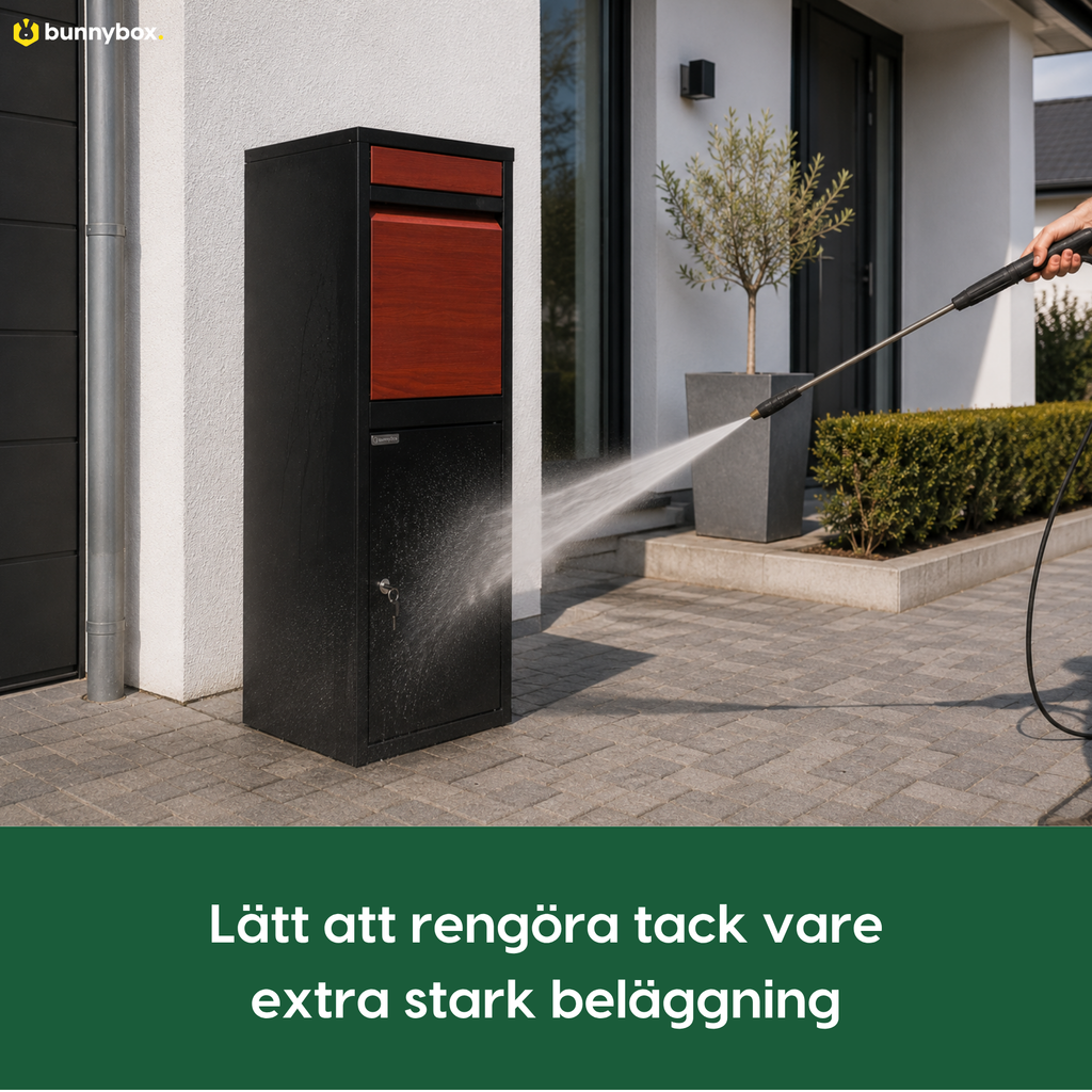 BunnyBox Home med teaklucka spolas ren tack vare beläggningen