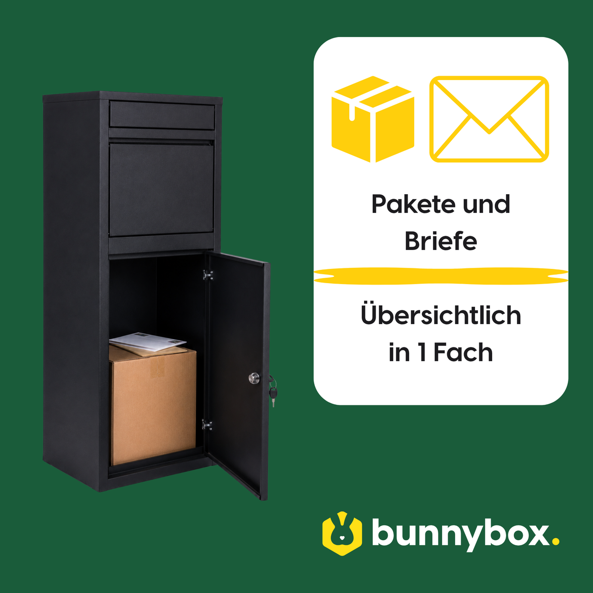 Pakete und Briefe übersichtlich in einem Fach der schwarzen BunnyBox Home