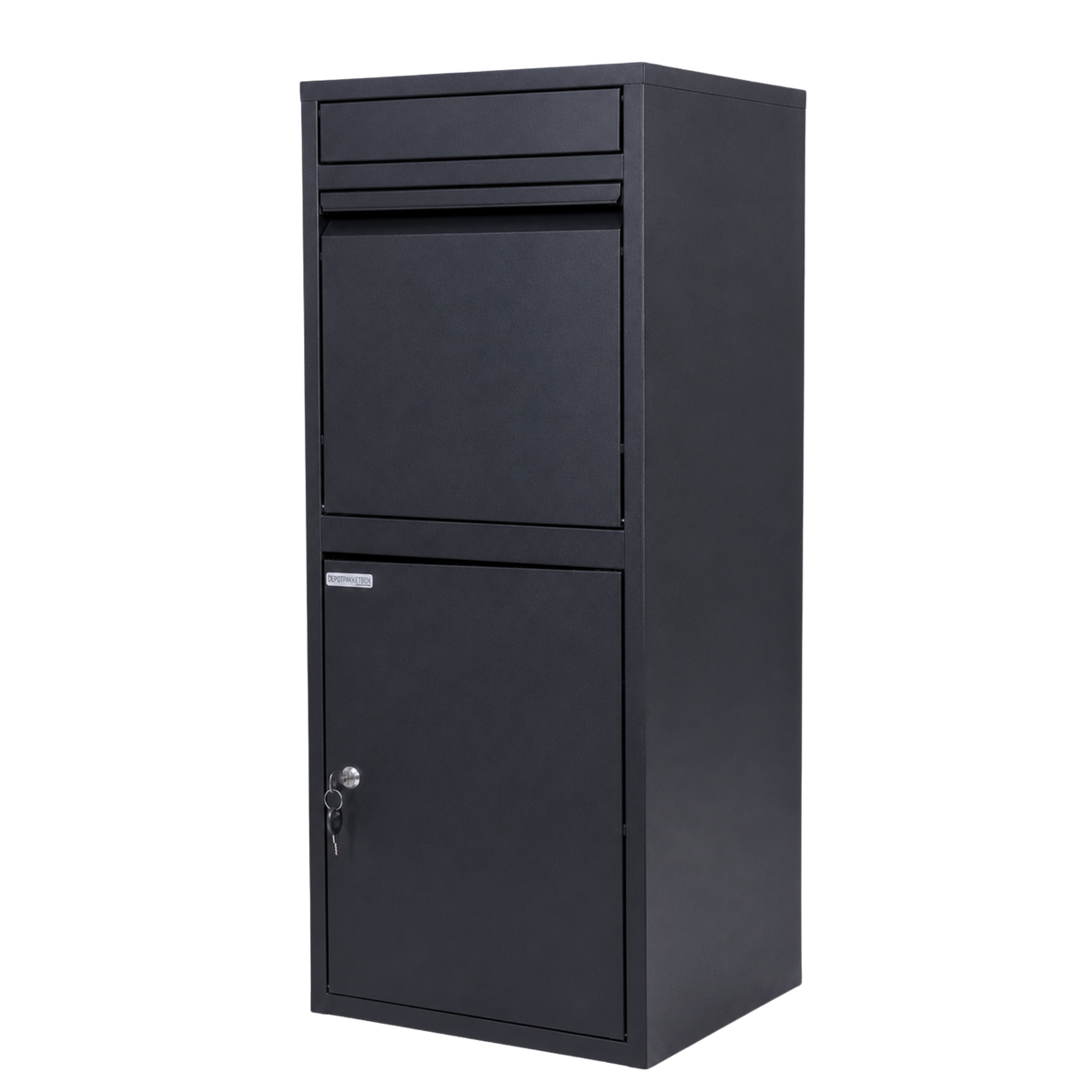 BunnyBox Home parcel letterbox in black, angled front view with closed flap