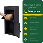 Hand placing a parcel in the black BunnyBox Home, with five benefits