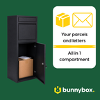 Parcels and letters neatly in one compartment of the black BunnyBox Home
