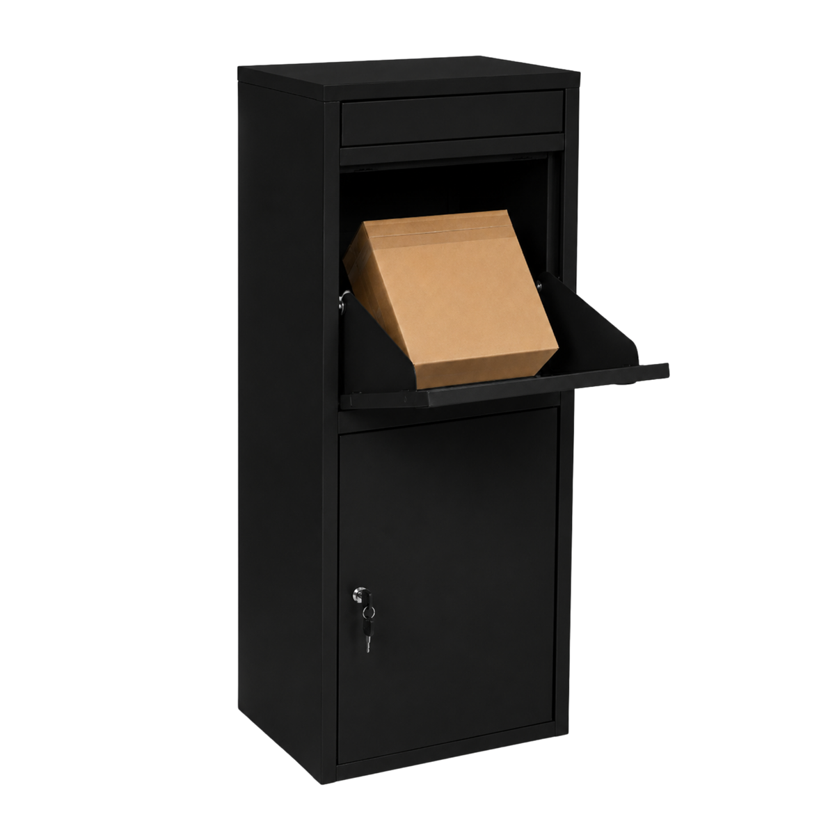 Tapa de depósito del BunnyBox Home negro abierta con una caja de cartón dentro