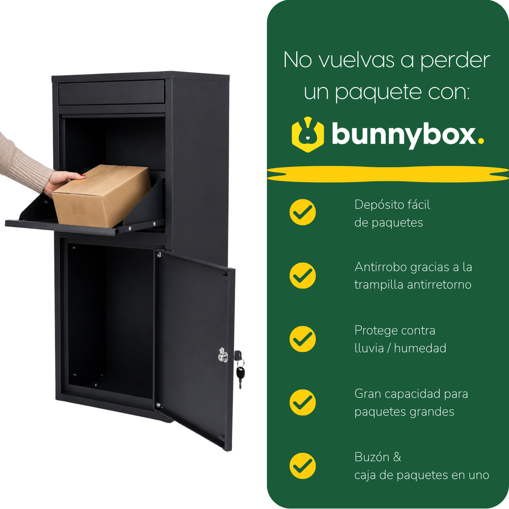Una mano deja un paquete en el BunnyBox Home negro, con cinco ventajas