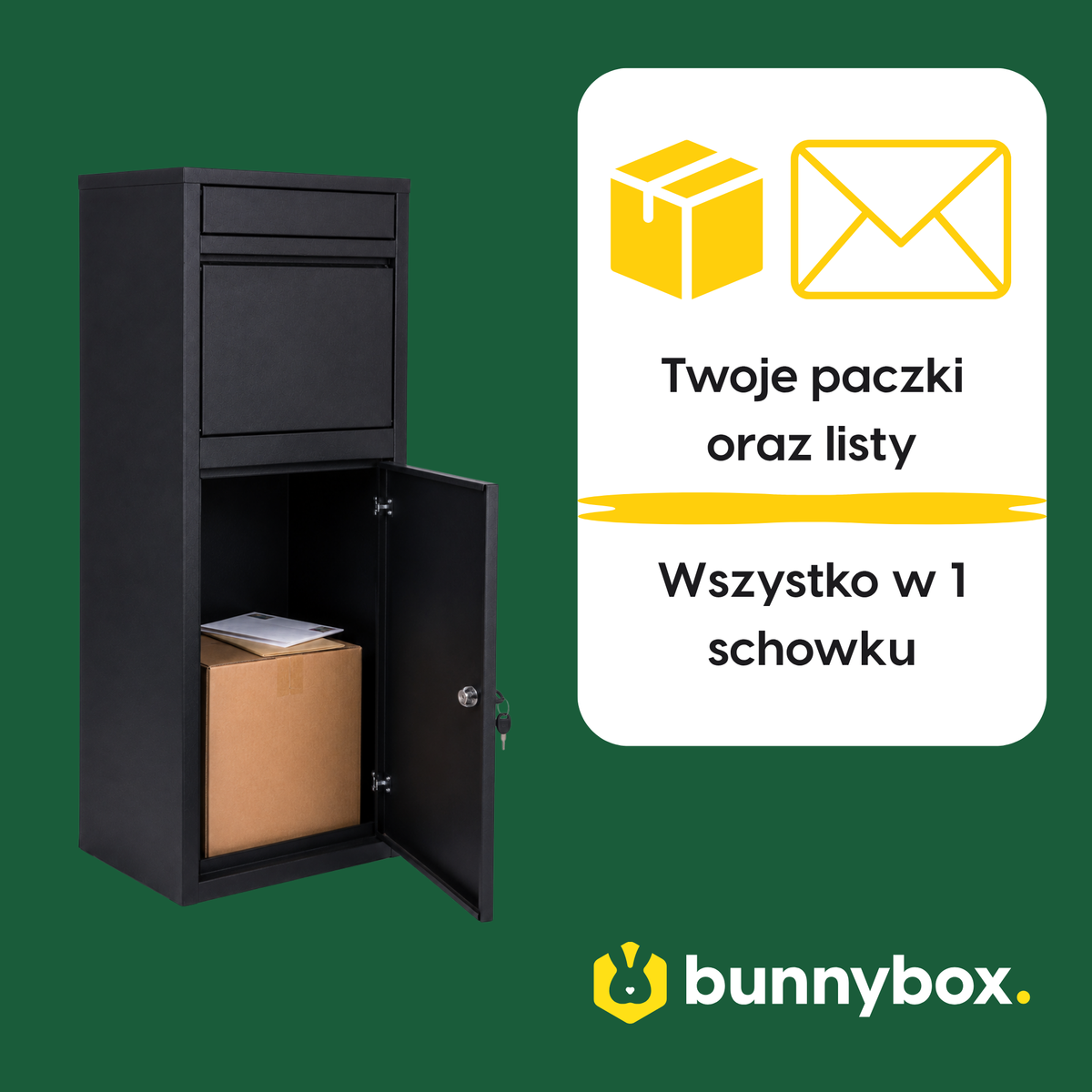 Paczki i listy w jednej komorze czarnej BunnyBox Home