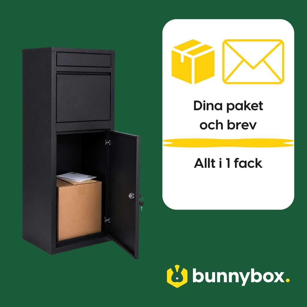 Paket och brev samlade i ett fack i svarta BunnyBox Home