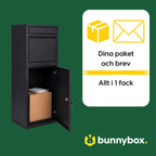 Paket och brev samlade i ett fack i svarta BunnyBox Home